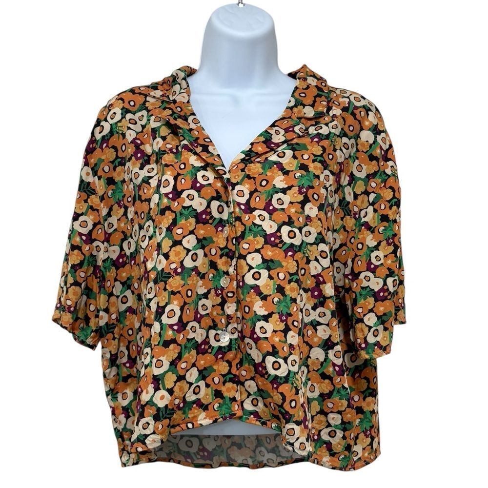 Taylor Tillman New York Floral Button Front Blouse Croppe Retro Top L Large